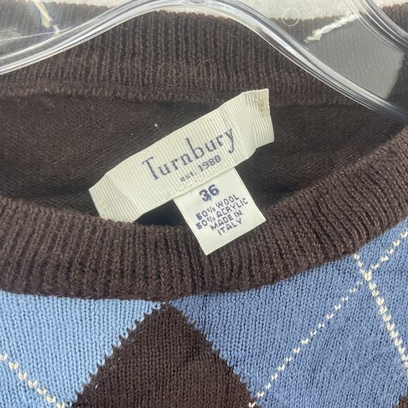 Turnbury Brown Blue Argyle Wool Blend Pullover Sweater Men’s Small Preowned - Picture 3 of 4